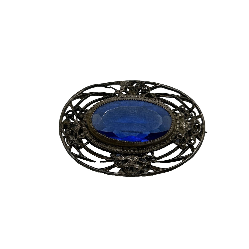 Vintage‎ Cobalt Blue Glass Oval Brooch Pin Metal Unsigned